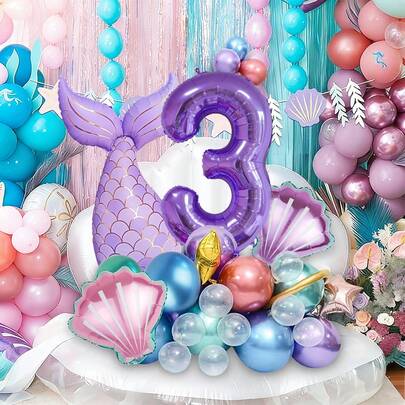 37pcs Mermaid Balloon Set, Includes Purple Mermaid Tail, Purple Seashells, Pink Seashells, 32-Inch Numbers 0-9, Latex Balloons, Gold & Rose Gold 5-Pointed Stars, Gold Magic Balloons, Suitable For Birthday Theme, Mermaid Theme Party, Pink & Purple Theme, Mermaid Princess Birthday Party, Ocean Theme Birthday Party, Indoor & Outdoor Atmosphere Photography Props