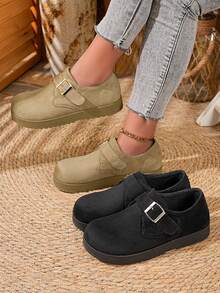 复古圆头全包覆薄绒面女士平底鞋，搭扣设计，百搭易穿春季鞋履 - 卡其色 - 查看 6