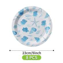 Platos, servilletas y vasos desechables con diseño de conchas en acuarela azul - Juego de suministros para fiesta de un solo uso, sirve a 8 invitados, platos de papel desechables, vajilla de fiesta adecuada para cumpleaños, bodas, fiestas temáticas, picnics familiares - Multicolor - Ver 10