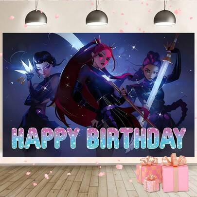 K-Pop暗黑主题酷女孩派对场景生日派对背景横幅。非常适合主题墙面装饰、电子音乐节庆祝活动、房间装饰和展示道具。