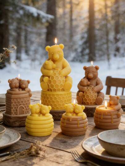 1支手工制作的可爱蜜蜂和小熊造型大豆蜡蜡烛，适合作为情人节/母亲节礼物、家居装饰春季摆设，独特可爱的动物造型蜡烛，送给她的绝佳礼物