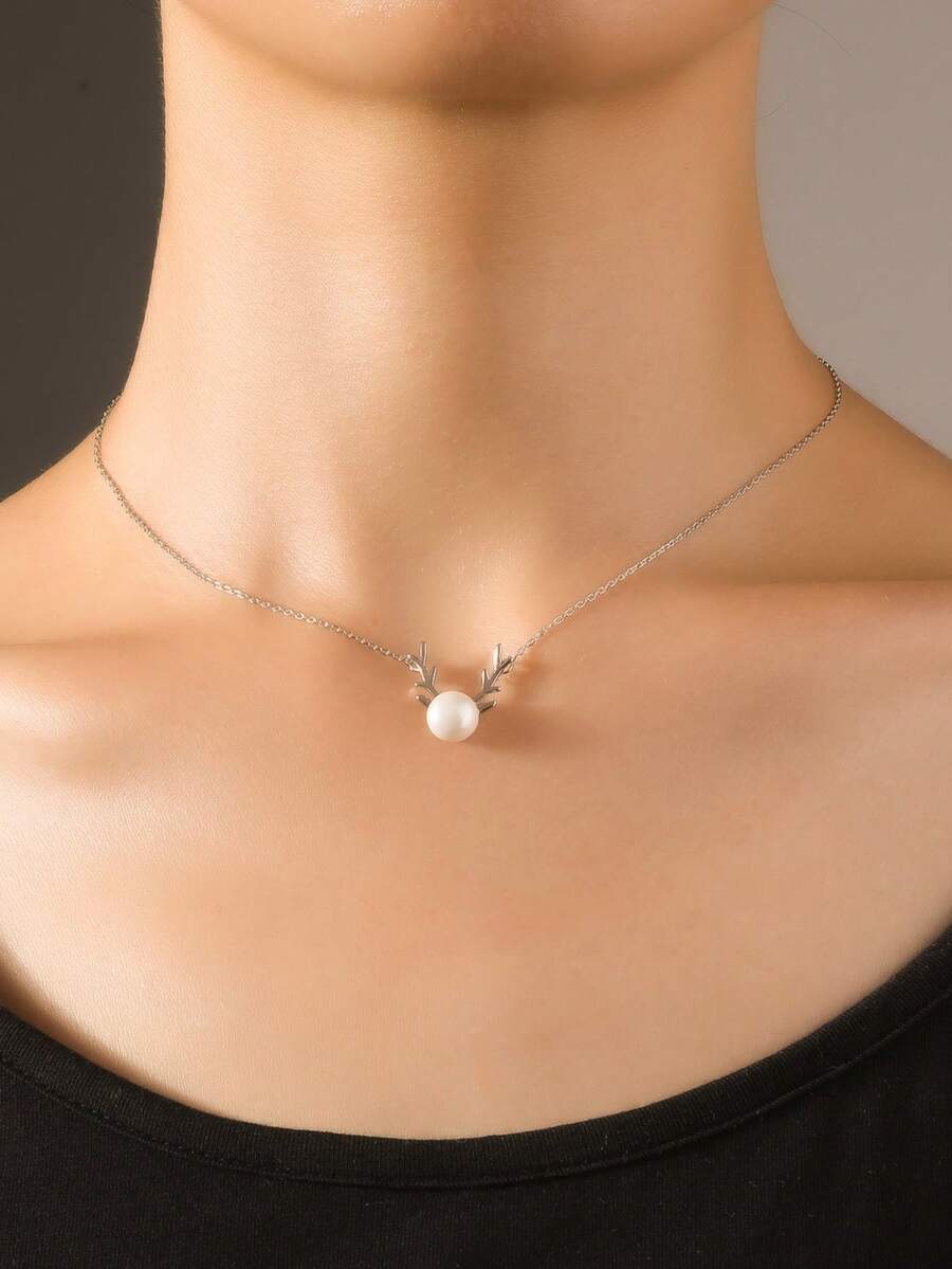 1pc Minimalist Deer Antler Necklace, Fashionable Delicate Choker Necklace For Women - Silver - View 1