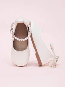 Girls' Mary Jane Shoes With Beaded Bow Tie, Princess Shoes With Buckle Strap - Beige - View 5