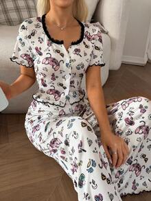 Women's Pajamas Stitch Print Lace Trim Rolled Button Short-Sleeve And Long-Pants Set - Multicolor - View 6