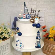 30件套蓝白航海主题蛋糕装饰摆件，包括锚和海鸥，适合生日派对、夏季派对、圣诞节和其他场合。 - 藍色 - 查看 7