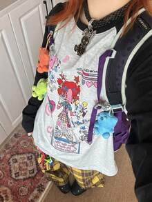 Y2K Cute Anime Girl Graffiti Print Raglan T-Shirt, Loose Fit Slimming Gray & Black Color Block Top For Women Spring Casual - Dark Gray - View 4