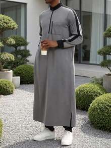 Modern Islamic Men's Clothing, Hooded Kamis Robe, Muslim Men's Grey Kamis Robe, Fashionable Stand Collar Long Hooded Sweatshirt - 灰色 - 查看 3