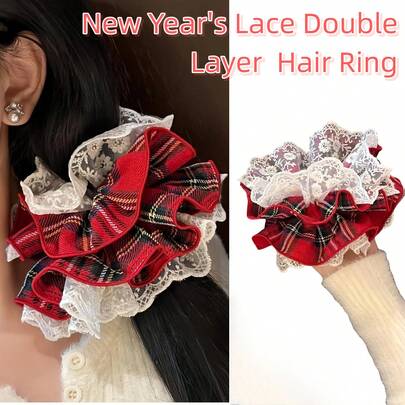 1/2pcs New Year/Sweet Lace Double-Layer Hair Scrunchies, Plaid Versatile Ponytail Holders, Extra Large Scrunchies For Girls