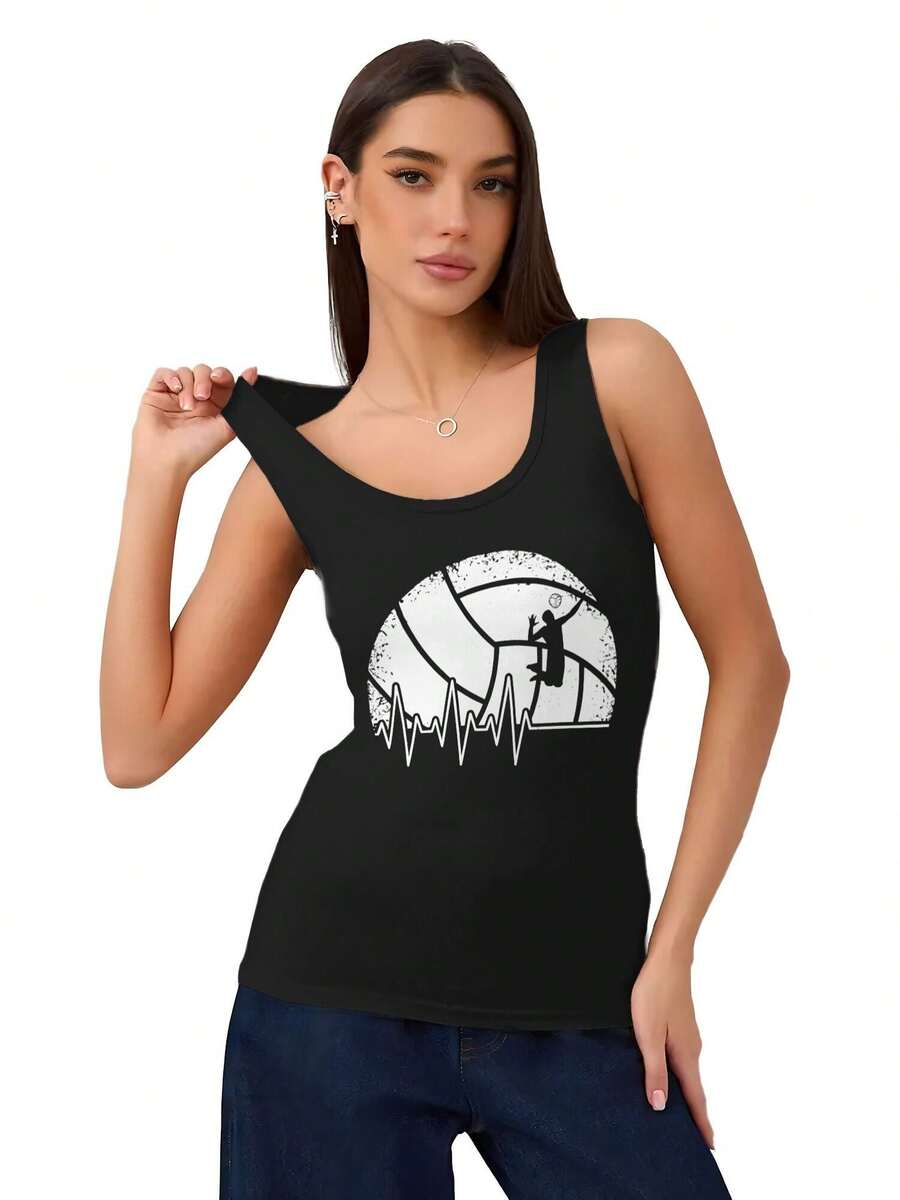 Women's Tank Top T-Shirt, A Fun Volleyball Heartbeat Volleyball Player Set Soft And Comfortable, Suitable For Daily Use, Home Life, Fitness And Sports Activities. - màu đen - Xem 1