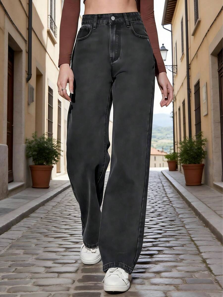 No es un jean, es tu armadura para conquistar el día Pantalones Vaqueros de Pierna Ancha para Mujer Cintura Alta Recta y Suelta, Tejido Elástico Azul Lavado, Elegantes y Casuales - Gris Oscuro - Ver 1