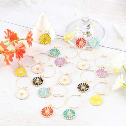 6/18个25毫米趣味花卉系列酒杯标识牌，派对主题装饰配件，适用于高脚杯、马克杯和咖啡杯。适合家庭聚会、酒吧和主题派对装饰礼品。