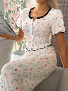 Disney Women's Pajamas Stitch Print Lace Trim Rolled Button Short-Sleeve And Long-Pants Set - Multicolor - View 6