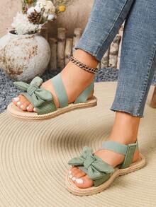 女士弹力带优雅轻便宽楦平底凉鞋，蝴蝶结装饰，舒适不疲劳，适合户外、晚宴、海滩、度假、休闲等场合，百搭平底凉鞋 - 綠色 - 查看 2
