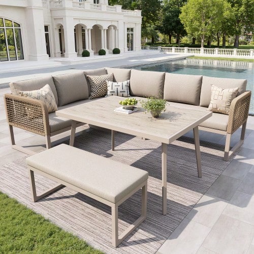 Garden Furniture Set With High-Quality Seat And Back Cushions, Garden Lounge Chairs For 6 To 8 People, Hand-Woven PE Rattan Sofa Set, Weather-Resistant, Beige - Beige - View 1