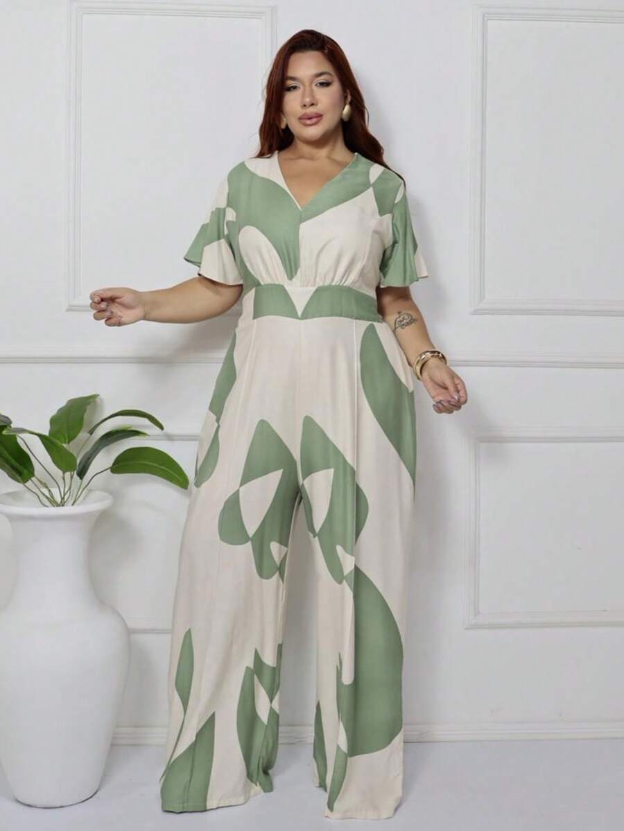 Women's Plus Size Printed Long Jumpsuit, Wide Leg, Short Sleeve, V-Neck, Front Gathering, Comfortable - Olive Green - View 1