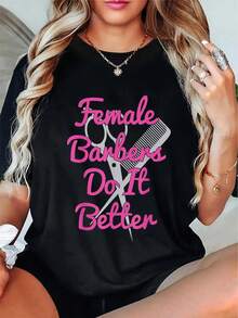 Camiseta Femenina Barberos al Máximo Estilo Urbano - Diseño con Tijeras y Peine, Ideal para Amantes del Estilo y la Moda, Perfecta para Looks Modernos y Originales - Negro - Ver 1