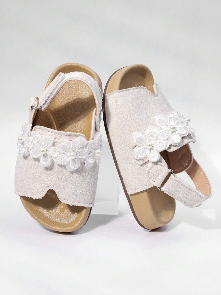2 pezzi/set Sandali per ragazze, Nuovi sandali da principessa con fiori 2026, Suola morbida antiscivolo per bambini, In morbida pelle adatti per l'uso estivo - Beige - Visualizzare 1