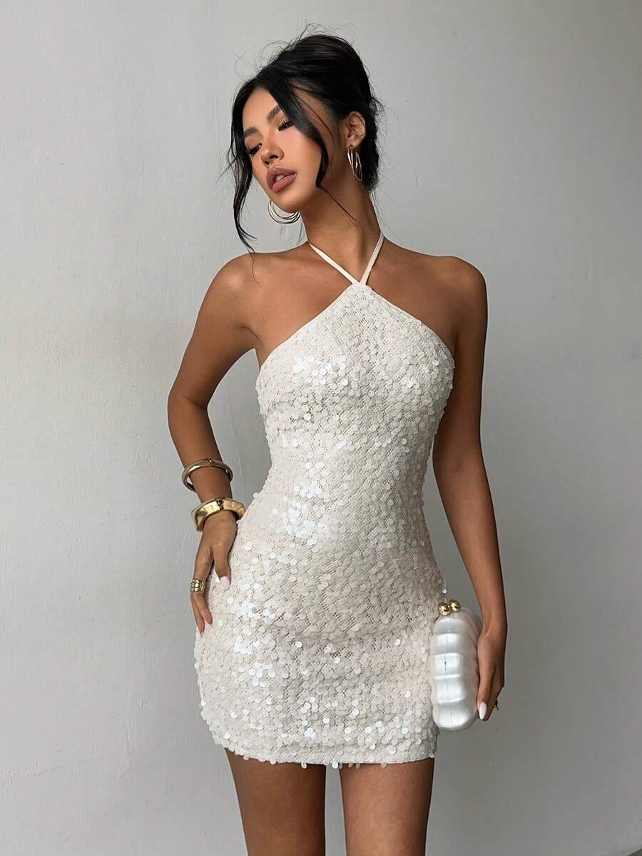 Elegant Fashion White Sequin Spaghetti Strap Backless Mini Dress - Wedding Party - White - View 1