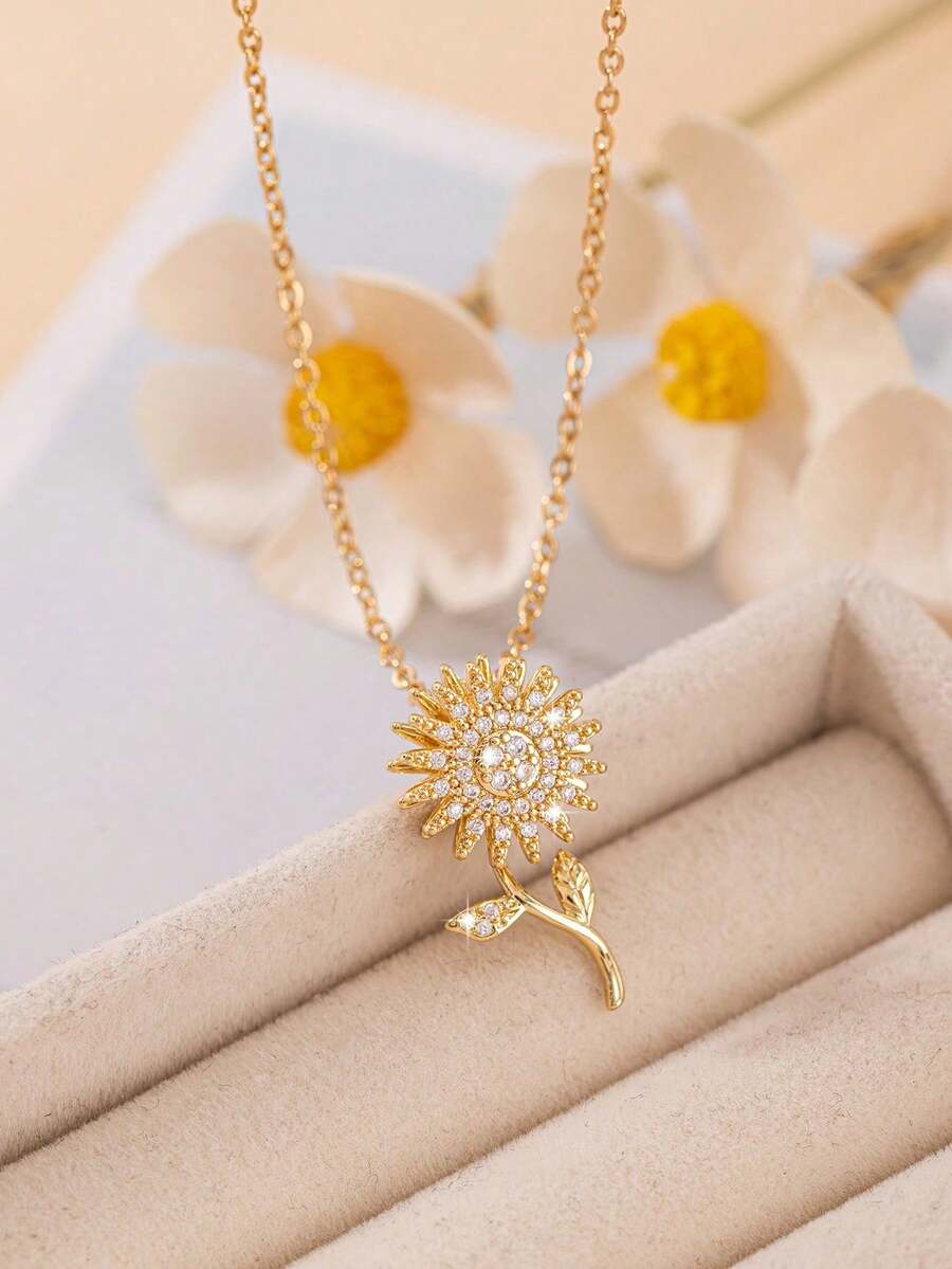 1pc Fashion Minimalist Women Necklace, Daisy Necklace With Cubic Zirconia Sunflower Pendant Clavicle Necklace, Gift For Valentine's Day, Mother's Day - Multicolor - View 1