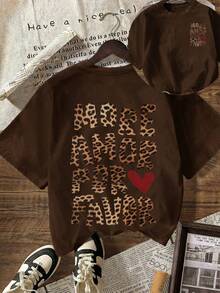 1pc Women Leopard Print & Letter Graphic Short Sleeve T-Shirt, Casual Crew Neck Cute Top, Suitable For Fall Outfits, Back To School Season - Coffee Brown - View 1