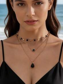 imoli 2pcs/Set Minimalist Rhinestone Tassel Chain Pendant Necklace Set, Layered Geometric Floral Charm Necklace, Casual Party Gift (Handmade Chain, Customized Rhinestone Quantity) - 23931-nek-black-3 - View 3