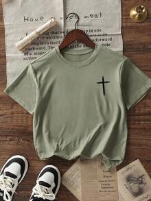 Tween Boys Casual Printed Round Neck Short Sleeve T-Shirt, Summer Top - Olive Green - View 5