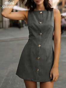 minisummmer 女士优雅灰色无袖纽扣前开襟修身迷你连衣裙 - 深灰色 - 查看 5