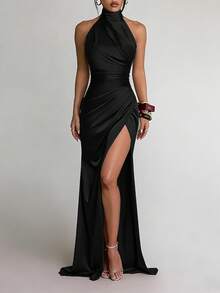 WOWDARK Women's Fashionable Solid Color Halter Sleeveless Split Dress,Wedding Guest Dress, Formal Party Dress - màu đen - Xem 1