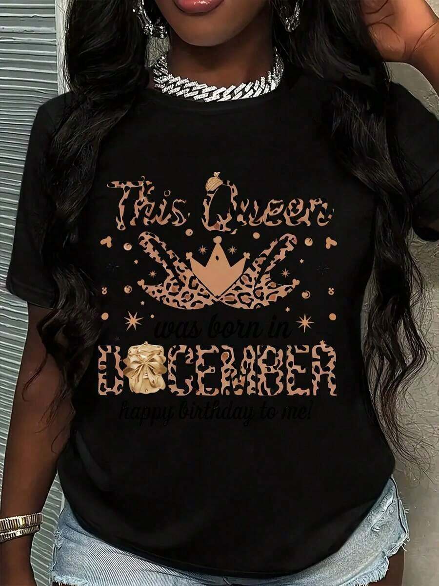 Esta Reina Nació En Diciembre Feliz Cumpleaños Para Mí Camiseta Gráfica Con Corona De Leopardo Para Mujeres Regalo De Cumpleaños, 220g - Negro - Ver 1