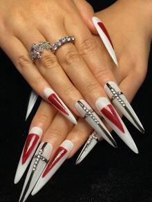 White, Red & Silver Metallic 2026 New Handmade Press On Nails, Extra Long Stiletto Shape , Removable Reusable Fashionable Unique False Nails - White, Red & Silver - View 2