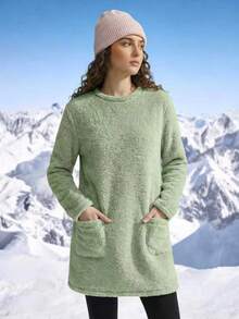 Women's Round Neck Long Sleeve Pocket Furry Long Tops, Autumn/Winter - Green - View 4