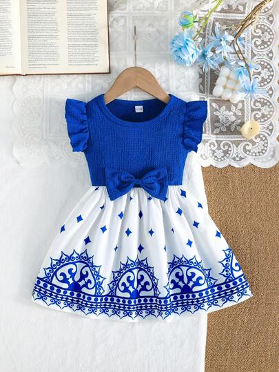 Baby Girls' Navy Blue Cap Sleeve Dress, Bowknot Decor Chinoiserie Print Dress, Sweet Princess Dress For Summer