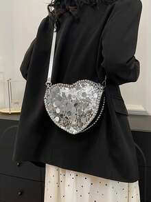 情人节畅销亮片心形晚宴包 | 法式链条手拿包 | 单肩斜挎两用 | 带卡位 | 母亲节礼物 - 銀色 - 查看 5