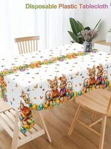 1pc Easter Disposable Tablecloth With Vivid Rabbit, Eggs And Wreath Pattern, Plastic Tablecloth For Easter Home Kitchen Dining Table Decor, Spring Theme Party Supplies, Family Gathering, Farmhouse Style, Size 220*130cm - Multicolor - View 10