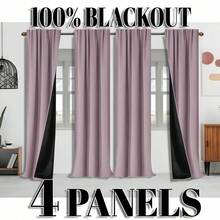 4pcs/Set Pink Blackout Thermal Curtain Fabric - 99% UV Resistant Polyester, Rod Pocket Hanging, Non-Bleachable Plain Weave, Bedroom Art Theme, Coated Blackout Thermal Insulation, Noise Reduction - Ideal For Bedroom, Farmhouse And School Deep Sleep, 80gsm - Pink - View 14