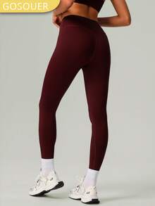 女士裸色纯色高腰深V提拉塑形健身瑜伽裤 - 酒紅色 - 查看 6