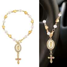 方向盘念珠吊坠，带圣母玛利亚吊坠和十字架的方向盘饰品，珍珠心形链天主教汽车内饰挂饰 - 愛心 - 查看 7