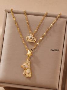 2pcs Gold Bear Crown Necklace Set, Minimalist Design, 18K Gold Plated Copper With Micro-Inlaid Zirconia, Suitable For Daily Wear And Holiday Gifts - Multicolor - View 2