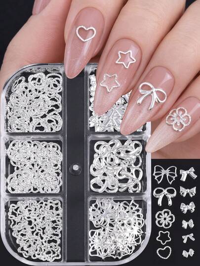 6grids 3D Sliver Bow Fower Nail Art Charms, Hellow Alloy Star Heart Design Thin Flake, Vintage Nail Decoration Kit Wedding Jewelry Spring Summer Manicure Supplies For Salon