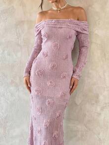GlamSlay elegantes Blume Muster Off-Shoulder Langarm Kleid, luxuriöser Abendmantel, geeignet für Brunch Dates, Gartenfeste, gemütliche Stadtabende, Urlaube und mehr - Pink - Übersicht 6