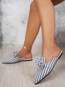Breezelady Blue And White Striped Bow, Pointed Toe, Half-Slipper, Women's Summer Fashion Mules - Xanh và trắng - Xem 4