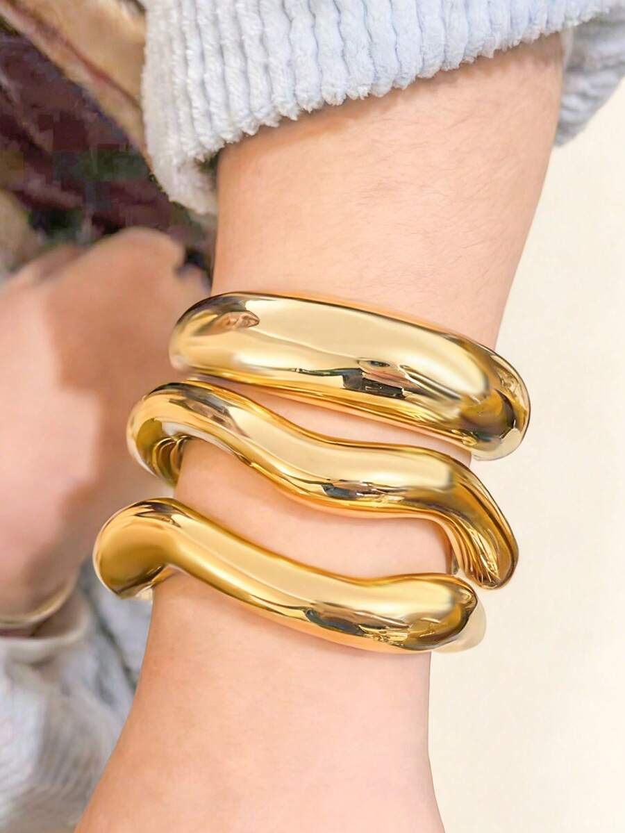 Set de 3 piezas de brazaletes vintage exagerados de resina dorada lujosa, adecuados para uso diario, fiestas, citas, bodas, festivales y como regalo para mujeres - Oro 4 - Ver 1