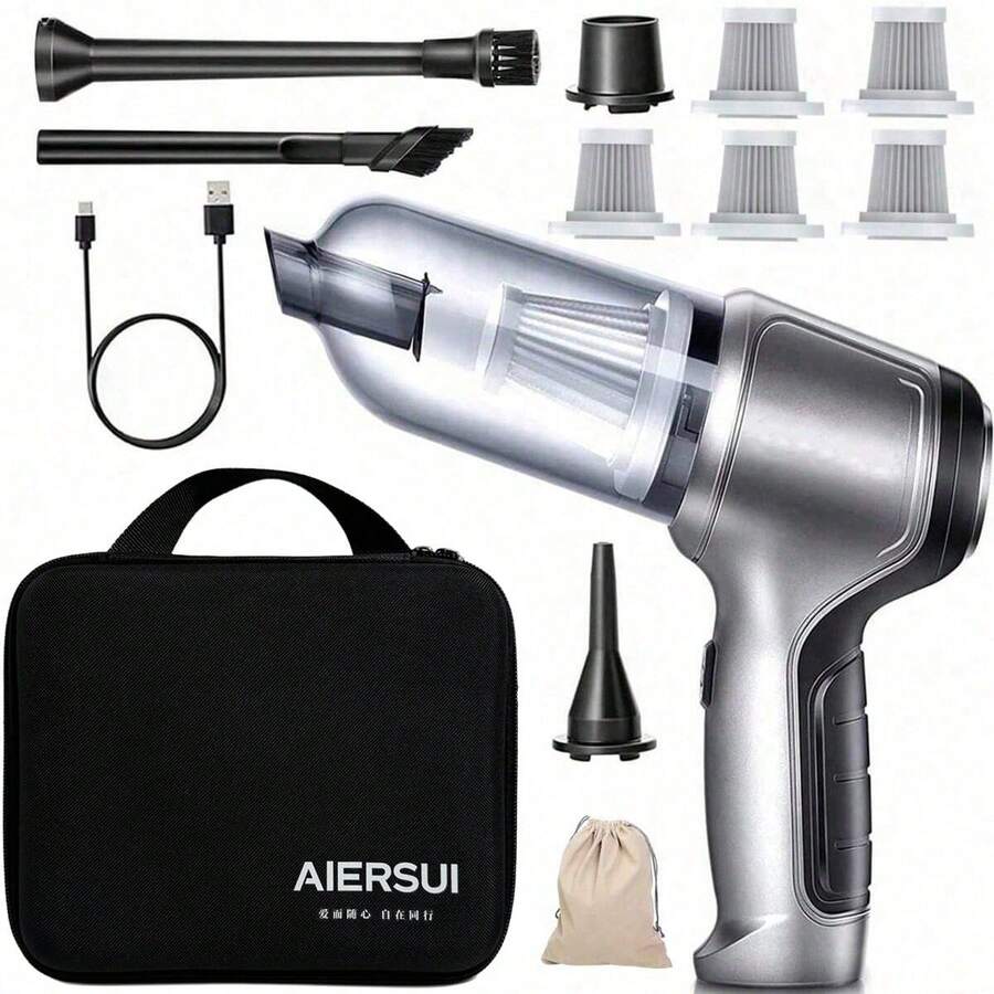 SUITU 车载吸尘器带收纳袋 - 礼品 | 宠物毛发吸尘器 | 家用吸尘器 | 无线USB充电 | 大功率强劲吸力无刷电机便携式吸尘器 | 干湿两用吸尘器 | 适用于汽车/家庭/办公室 | （ABS材质，9000pa吸力，7.4V 2000mAh锂离子电池，充满电后可运行20分钟）