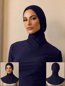 1pc Muslim Solid Color Pullover Headscarf Cap, Women's Quick-Wear Hijab, Extended Neckline Design - Navy Blue - View 6