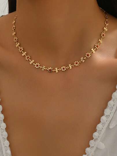 1 Stück elegante rote Tropfglasur Blumen Halskette, metallisches Choker Halskette, charmanter Schmuck für Frauen, geeignet für den täglichen Gebrauch, Dekoration, Party, Musikfestival, Fotoshooting. Die handgefertigte Kette kann auf die gewünschte Länge und Perlenanzahl gekürzt werden.