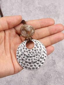 1件时尚百搭银色圆点吊坠项链，男女皆宜的长款项链，配棕色蜡绳和珠子，音乐节礼物，节日配饰 - 棕色臘繩 - 查看 6