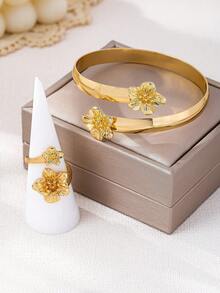 2pcs/Set Fashionable Elegant Metallic Flower Bracelet And Ring Jewelry Set For Women - Yellow Gold - View 3