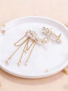 1对流苏珍珠耳坠，时尚个性化优雅新娘耳环 - 金色 - 查看 4