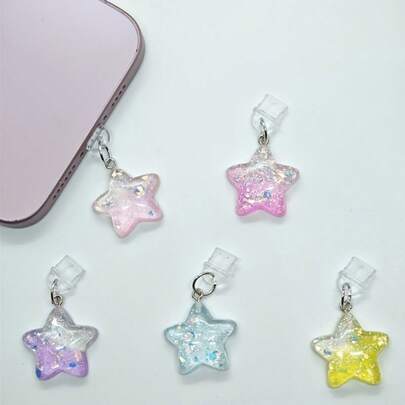 双色闪亮星星树脂吊坠 - 兼容和Type-C手机防尘塞，ABS材质，可爱手机配件，送给女孩的绝佳礼物
