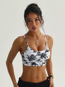 Women's Fashion Removable Padded Bra, Black & White Palm Tree Print, Criss-Cross Strap Round Neck Knit Sports Bra - Black and White - View 6